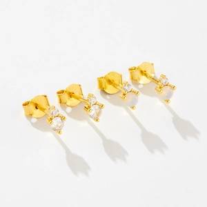 Elegant set of two pairs of S925 sterling silver 3mm birthstone stud earrings in gold finish