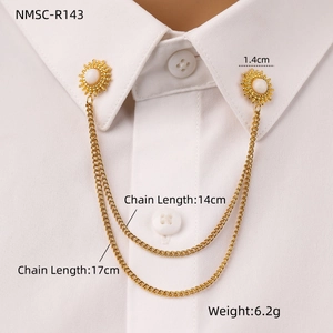 Detail of golden double chain collar pin with sunflower charms and technical dimensions