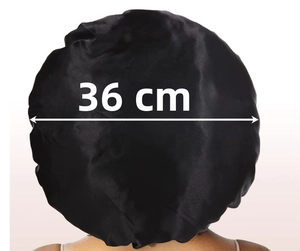Detail view of 36cm diameter black satin silk sleep bonnet with elastic wide band