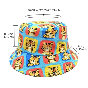 Blue reversible bucket hat featuring colorful cartoon tiger patterns for sun protection