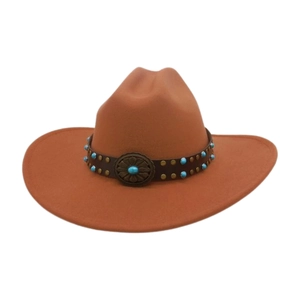 Detail of western fedora hat featuring brown leather band with turquoise beads and sunburst studs