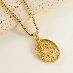 Religiöse Jungfrau Maria Anhänger Halskette 18K Vergoldet Edelstahl 3D Geprägt Retro Modeschmuck Für Damen Herren