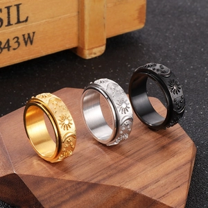 Sun Moon Star Stainless Steel Spinner Ring For Men Relief Pattern Rotatable Anxiety Stress Relief Jewelry Punk Style