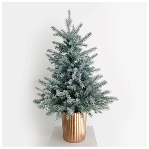 Minimalist frosted 60cm mini Christmas tree with silver flocked leaves in a gold metal pot