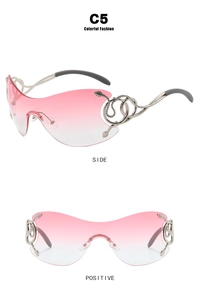 Detail view of pink gradient rimless sunglasses with silver snake metal temple