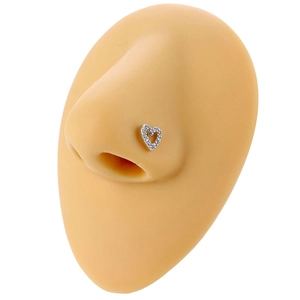 Sparkling silver heart nose stud with cubic zirconia on a realistic nose model