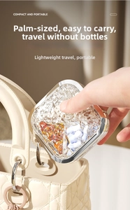 Mini portable pill box with water ripple lid being placed into a small handbag