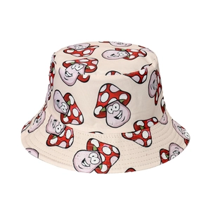 Beige cotton bucket hat featuring reversible cartoon mushroom patterns for casual wear