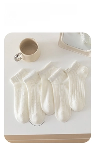 Detailed knit patterns of five white ballet-style cotton ankle socks with lace trim