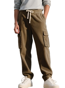 Detailed close-up of khaki corduroy joggers featuring elastic drawstring waist and cargo pocket