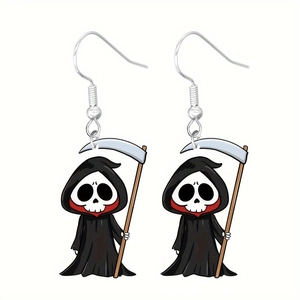 Detail shot of cartoon Grim Reaper earrings with bold black, white, and red acrylic finish