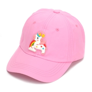 Detailed close-up of pink girls' unicorn baseball cap with rainbow embroidery and stitching