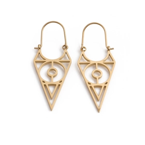 Minimalist gold triangle drop earrings with geometric patterns on white background