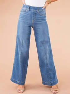 Women's high waist wide leg straight denim jeans in mid-blue wash with front seam detail