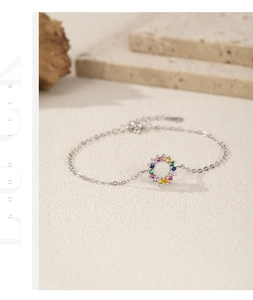 Detailed macro view of S925 silver bracelet with colorful rainbow gemstone circular charm