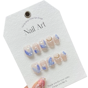 Handmade mermaid tail cat-eye press-on nails with blue-purple 3D art and pearls