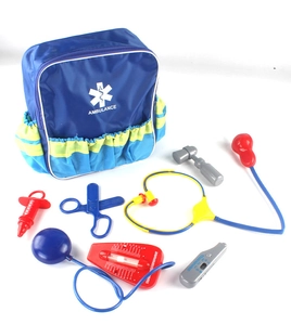 Detail of 12-piece children's medical toy set with ambulance backpack and medical tools