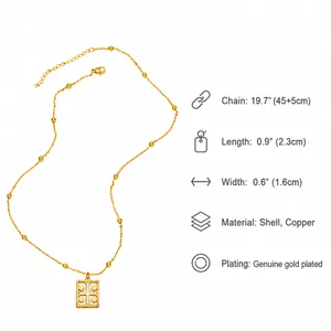 Detailed size guide for gold cross necklace with shell inlay and beaded chain specs