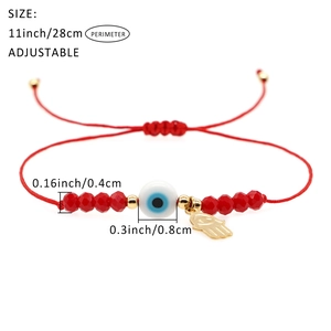 Adjustable red woven Evil Eye bracelet with Hamsa Hand charm and faceted crystal beads