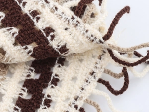 Close-up of crochet knit texture with geometric patterns and long tassel fringe details