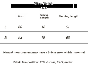 Size chart showing S-M measurements and 92% viscose fabric blend for V-neck T-shirt