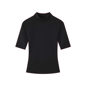 Detailed flat lay of a black slim-fit high-neck T-shirt showing fine knit fabric texture