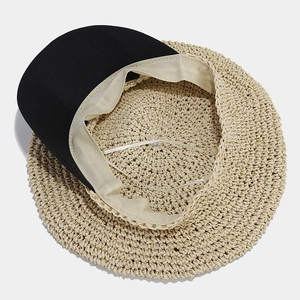 Handmade retro straw visor hat in beige and black with adjustable inner strap