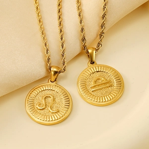 Vintage 18k gold plated stainless steel zodiac coin necklaces with Leo and Libra pendants