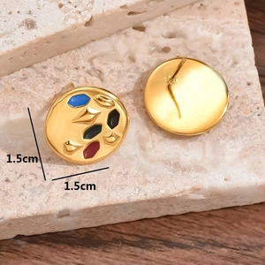 Vintage French geometric gold earrings with colorful enamel inlay and 1.5cm diameter size
