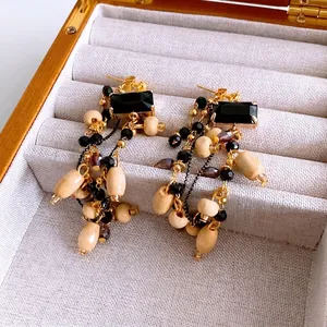 Vintage Tassel Earrings With Glass Square Stone Wooden Beads And 925 Sterling Silver Earring Post Retro Bohemian Jewelry