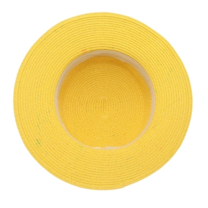 Top view of yellow straw hat showing fine weaving texture and white sweatband inside