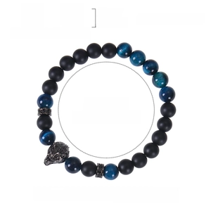 8mm blue tiger eye and matte black beaded bracelet with zircon wolf head for men