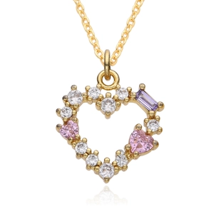 Bohemian 14K gold plated necklace with pink heart and zircon pendant on white background