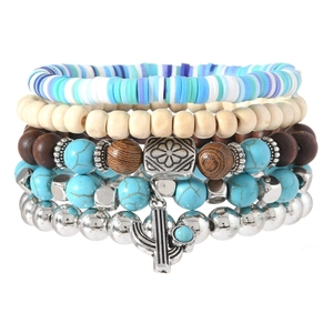 5-piece bohemian beaded bracelet set featuring turquoise accents and cactus charm