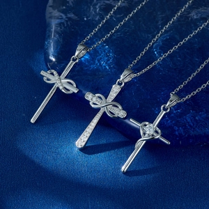 Three elegant S925 sterling silver cross necklaces with infinity and heart symbols on blue background