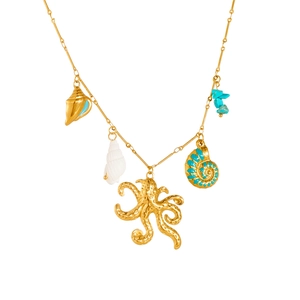Gold chain necklace with blue octopus, conch shell, and turquoise pendants on white background