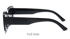 Side view of retro rectangular sunglasses with thick black frames and dark lenses