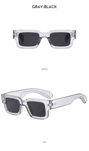 Front and side view of gray-black square sunglasses with transparent frames and dark lenses