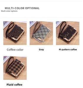 Selection of four women's wallets with wrist straps and retro metal clasps on wood