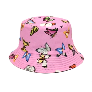 Detail of pink bucket hat with colorful butterfly print and reinforced brim stitching