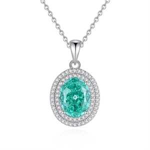 Oval green gemstone necklace in S925 sterling silver with sparkling double halo