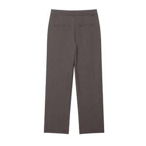 Vue arrière détaillée de pantalons droits gris foncé avec poches passepoilées et tissage