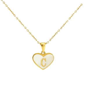 Gold heart necklace with white shell inlay and letter C pendant for women