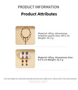 Detailed specs of luxury layered necklace with pearls and blue and red rhinestones