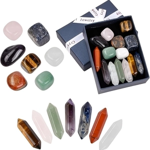 Natural crystal gemstone set with irregular tumbled stones and hexagonal prisms in gift box