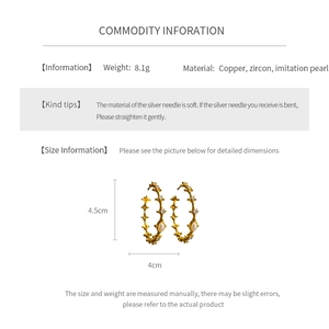 Detailed specs of star-shaped hoop earrings with zircons and pearls on white background