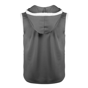 Vue détaillée du dos d'un gilet à capuche gris foncé montrant le tissu en mesh respirant