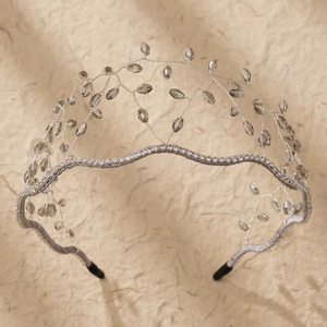 Detail of silver woven headband with grey crystal beads and sparkling rhinestones
