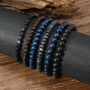 Set of six multilayered wooden bead bracelets in mixed natural colors for men