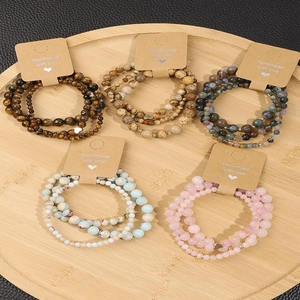 Natural Stone Beaded Bracelet Rose Quartz Tiger Eye Indian Agate Heart Charm Retro Handmade Boho Jewelry Women Men